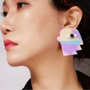 Abstract Face Statement Earrings in Purple, Pink & Blue